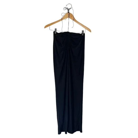 Fashion Nova Black Midi Bodycon Dress Medium Stretch Around The Neck Tie Straps - Picture 1 of 4
